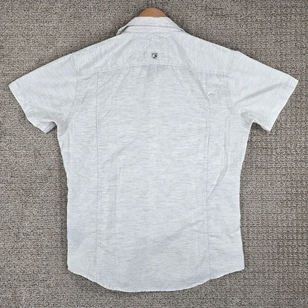 Kuhl Mens Riveara Tapered Fit Short Sleeve Button Down Shirt Gray Striped Medium